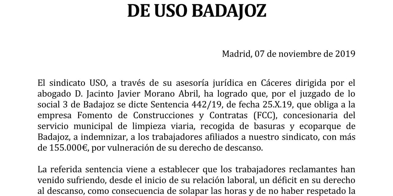 USO CONSIGUE QUE FCC INDEMNICE CON MÁS DE 155.000€ A AFILIADOS DE USO EN BADAJOZ