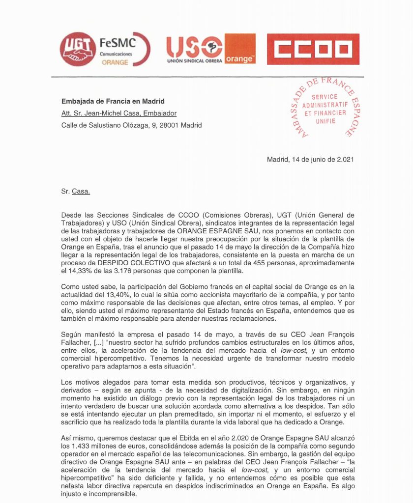 Carta a la Embajada Francesa a petición de USO Orange - fs-uso